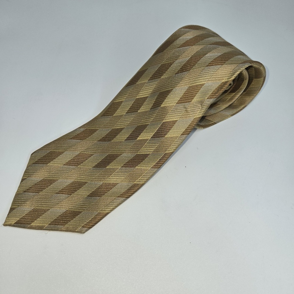 Vintage Van Heusen Silk Tie Gold Tan Brown Geometric Diamond Pattern 3.5x58